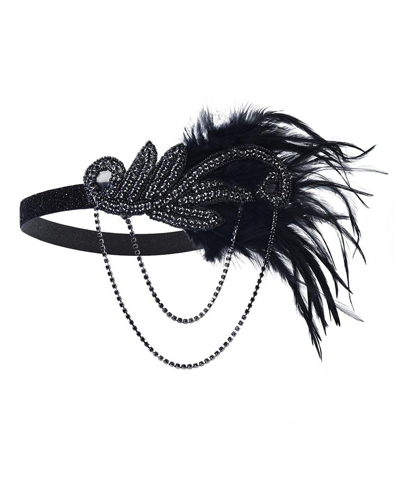 

Vintage 1920s Headpiece Rhinestone Feather Decor Flapper Hair Accessory, Black