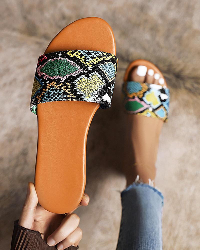 

Round-toe Snakeskin Print Strap Flat Slippers, Green