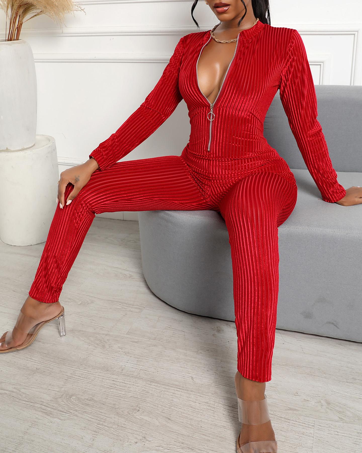 

Striped Print Zipper Design Long Sleeve Skinny Jumpsuit, Wine red