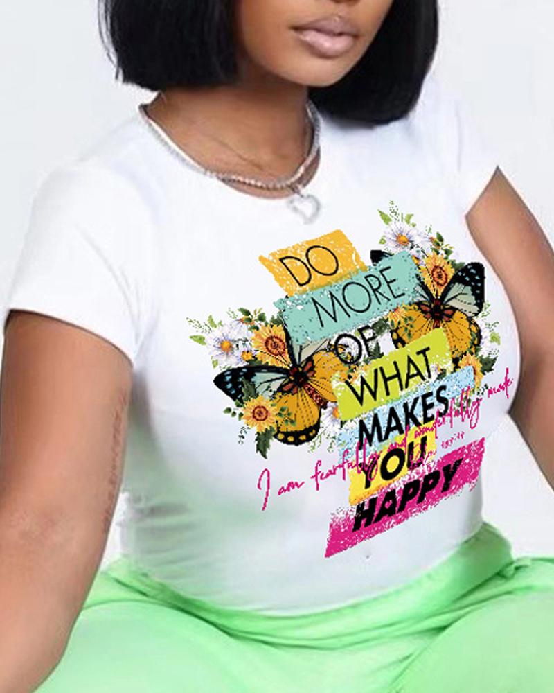 

Butterfly Letter Print Short Sleeve Casual T-shirt, White