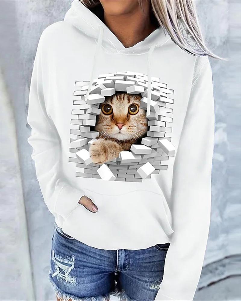 

Cute 3D Cat Print Long Sleeve Hoodie, White