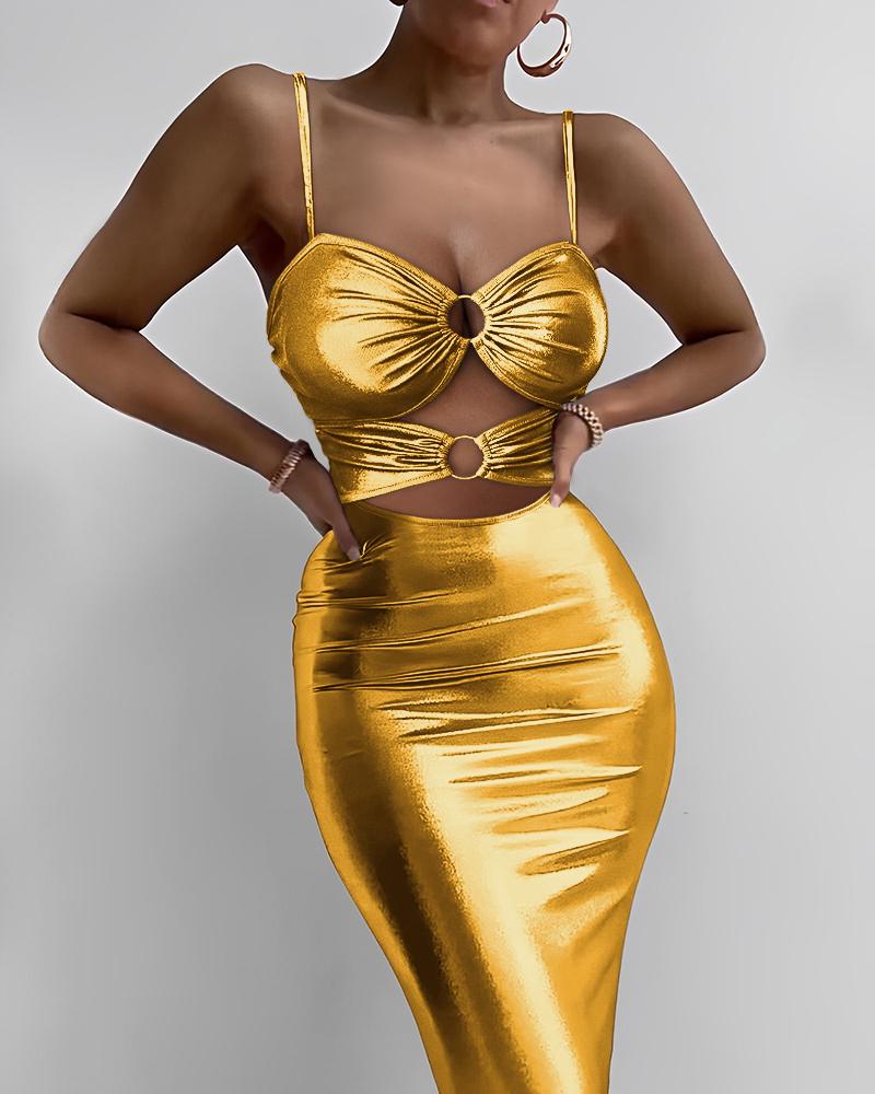 

O-Ring Decor Ruched Metallic Bodycon Dress, Gold