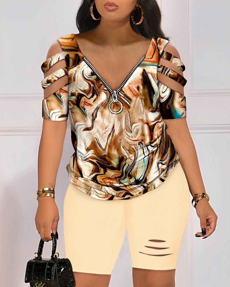 

Marble Print Zipper Design Top & Cutout Shorts Set, Apricot