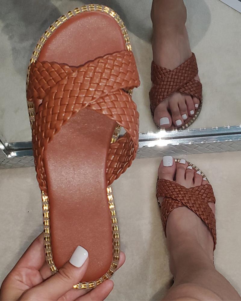 

Braided Cross Strap Slippers, Brown