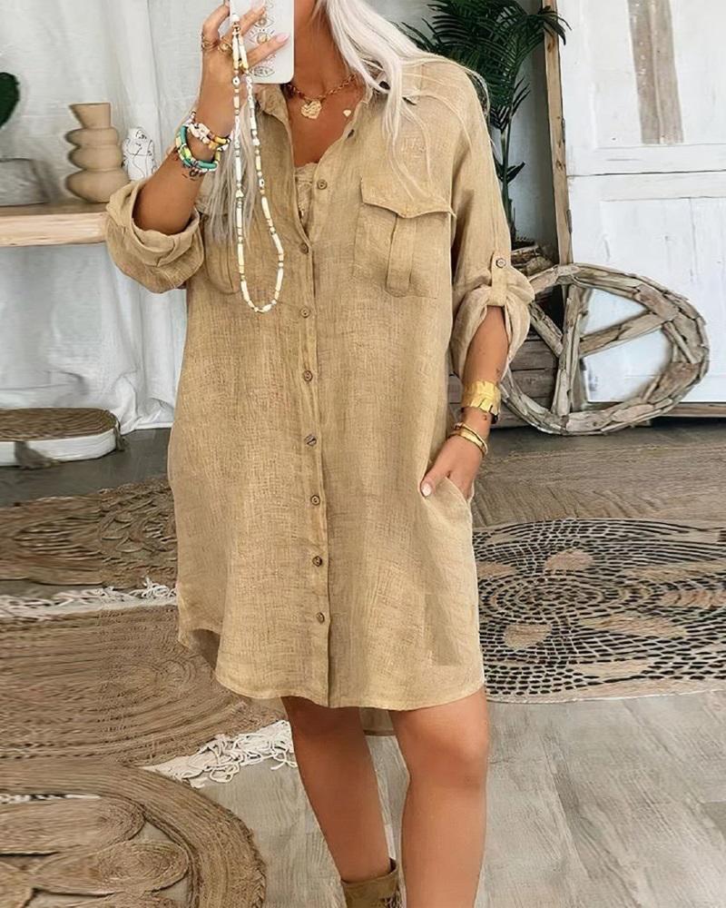 

Pocket Design Buttoned Slit Shirt Dress, Khaki