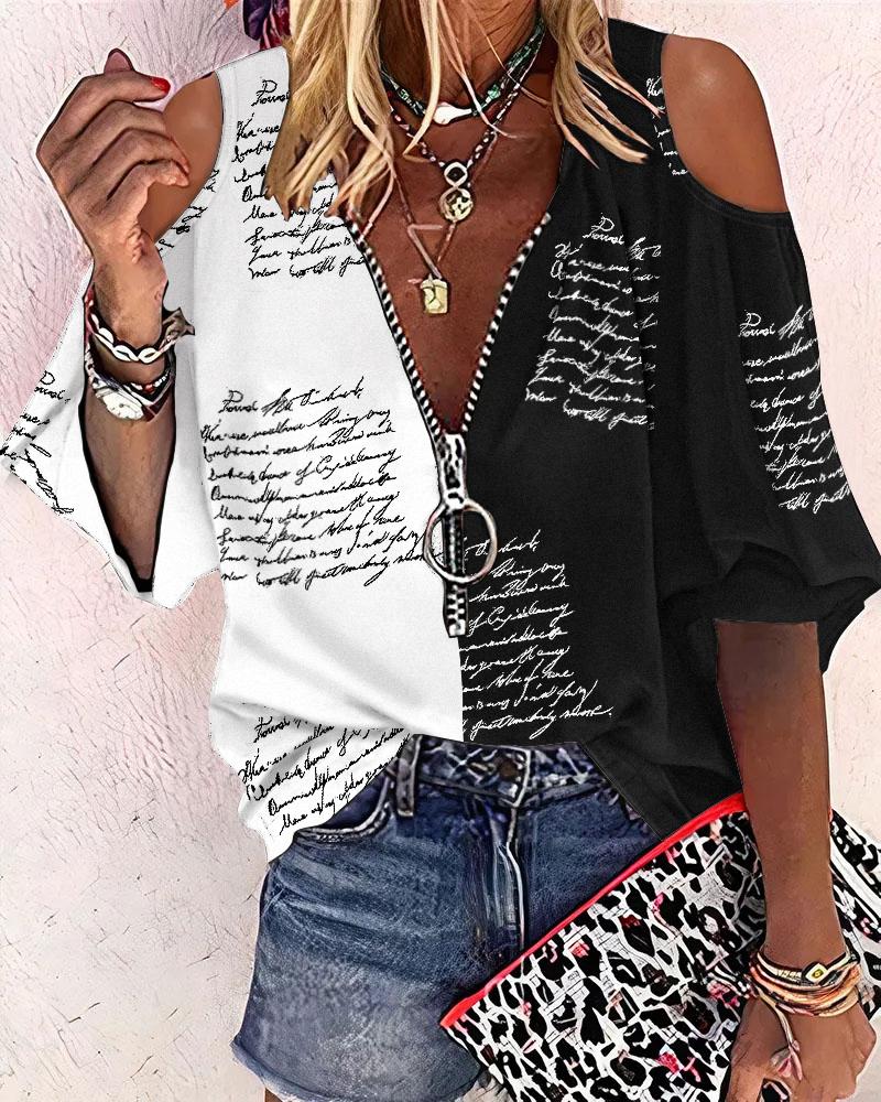 

Letter Print Colorblock Cold Shoulder Top, Blackwhite