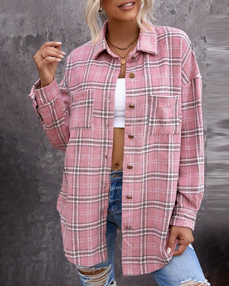 

Pocket Design Button Front Plaid Print Long Sleeve Shacket, Pink