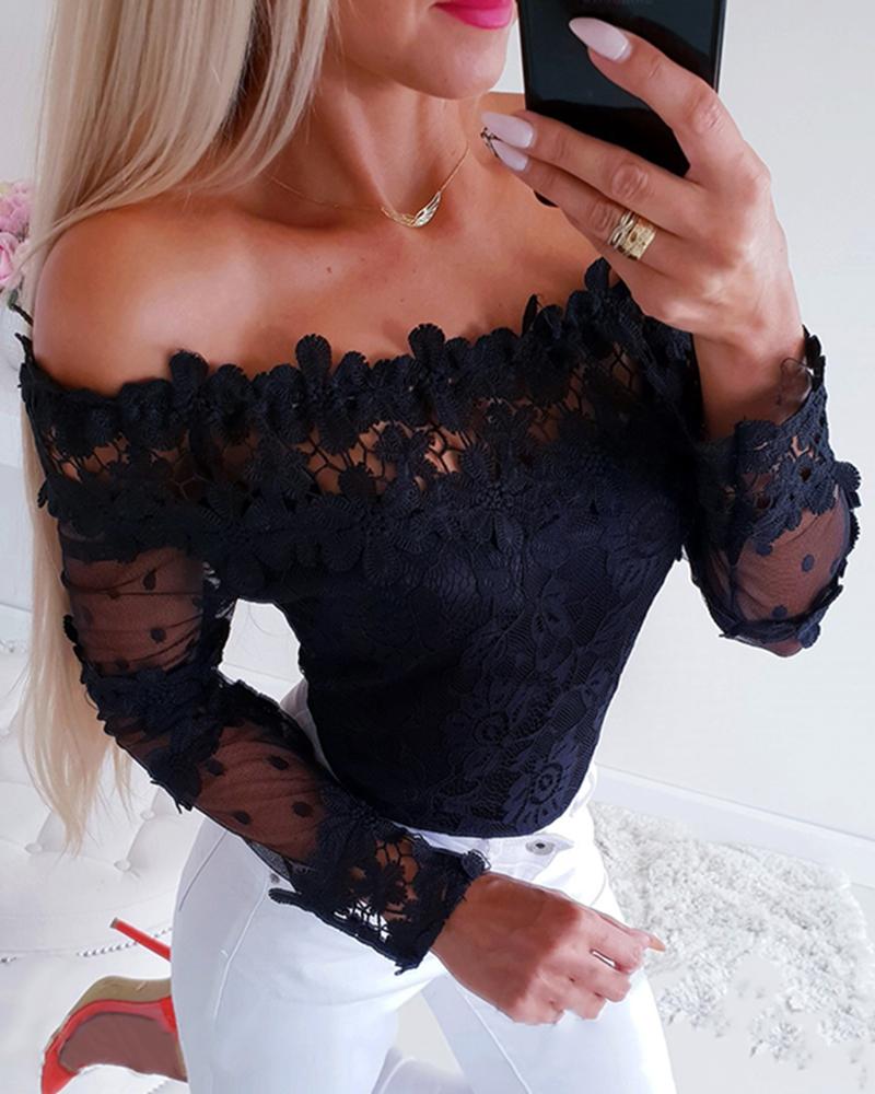 

Off Shoulder Mesh Lace Trim Casual Blouse, Black
