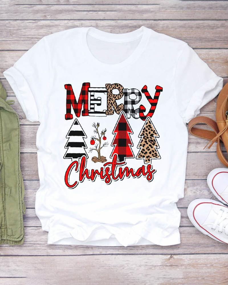 Christmas Tree Letter Plaid Cheetah Pattern Print Short Sleeve Top