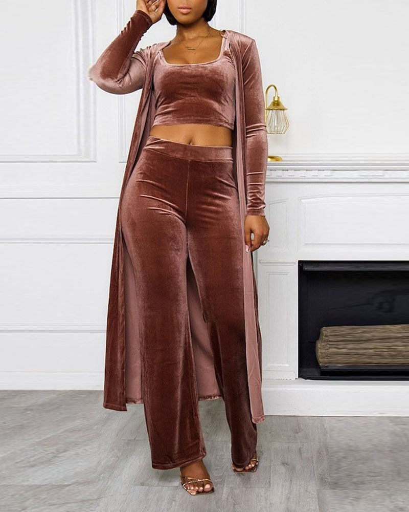 

Velvet Crop Tank Top & Pants With Longline Cardigan, Brown