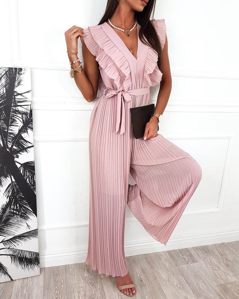 

Ruffle Hem Pleated Wide Leg Jumpsuit, Pink