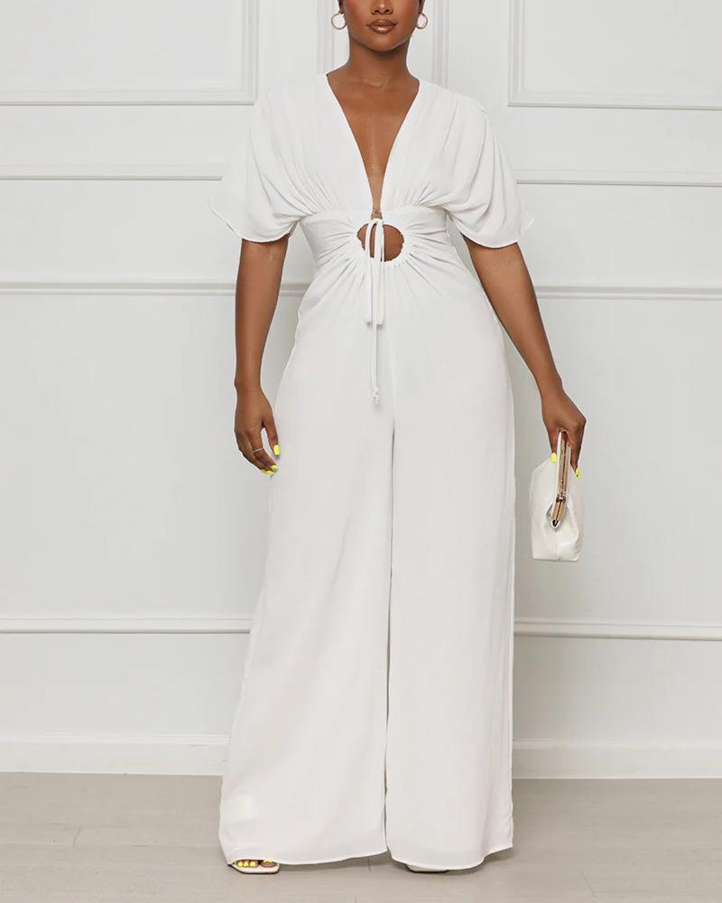 

Batwing Sleeve Drawstring Cutout Wide Leg Jumpsuit, White