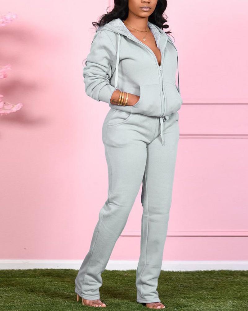 

Long Sleeve Hooded Zip Up Top & Pants Set, Gray