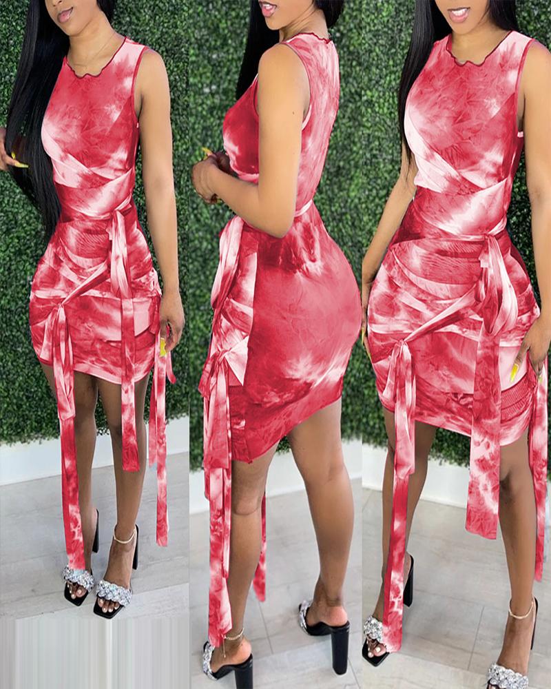

Tie Dye Sleeveless Skinny Lace-up Bodycon Midi Dress, Red