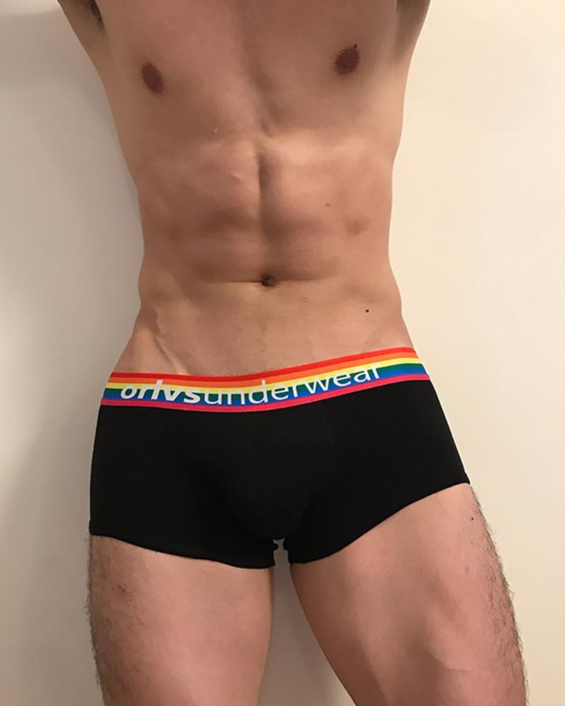 

Solid Color Side Rainbow Striped & Letter Print Low Waist Underpants, Black