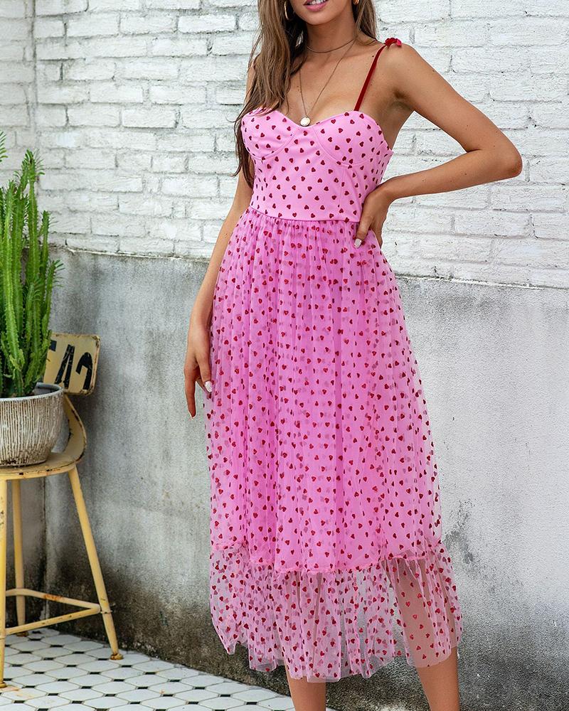 

Heart Print Tied Detail Mesh Prom Dress, Pink