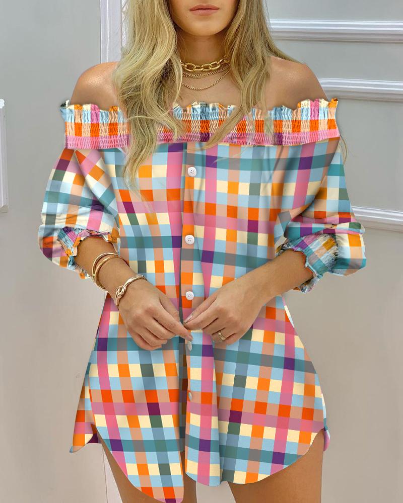 

Plaid Print Off Shoulder Shirred Buttoned Top, Multicolor