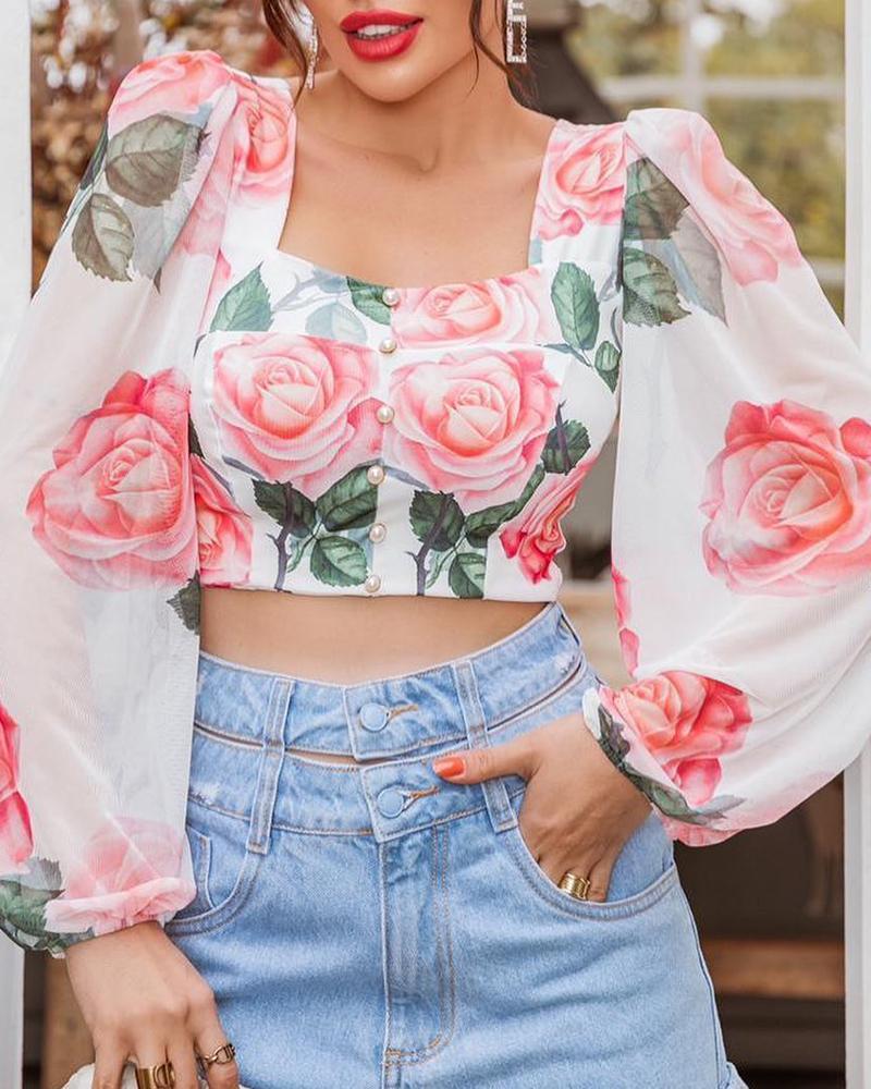 

Puff Lantern Sleeve Floral Print Crop Top, Pink
