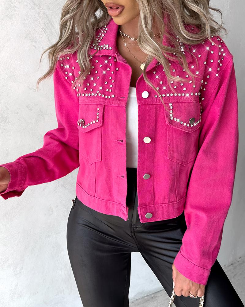 

Studded Rhinestone Pocket Design Buttoned Denim Jacket, Hot pink