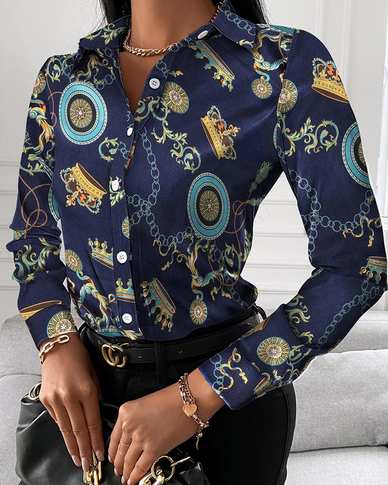 

Chain Baroque Print Button Design Shirt, Purplish blue