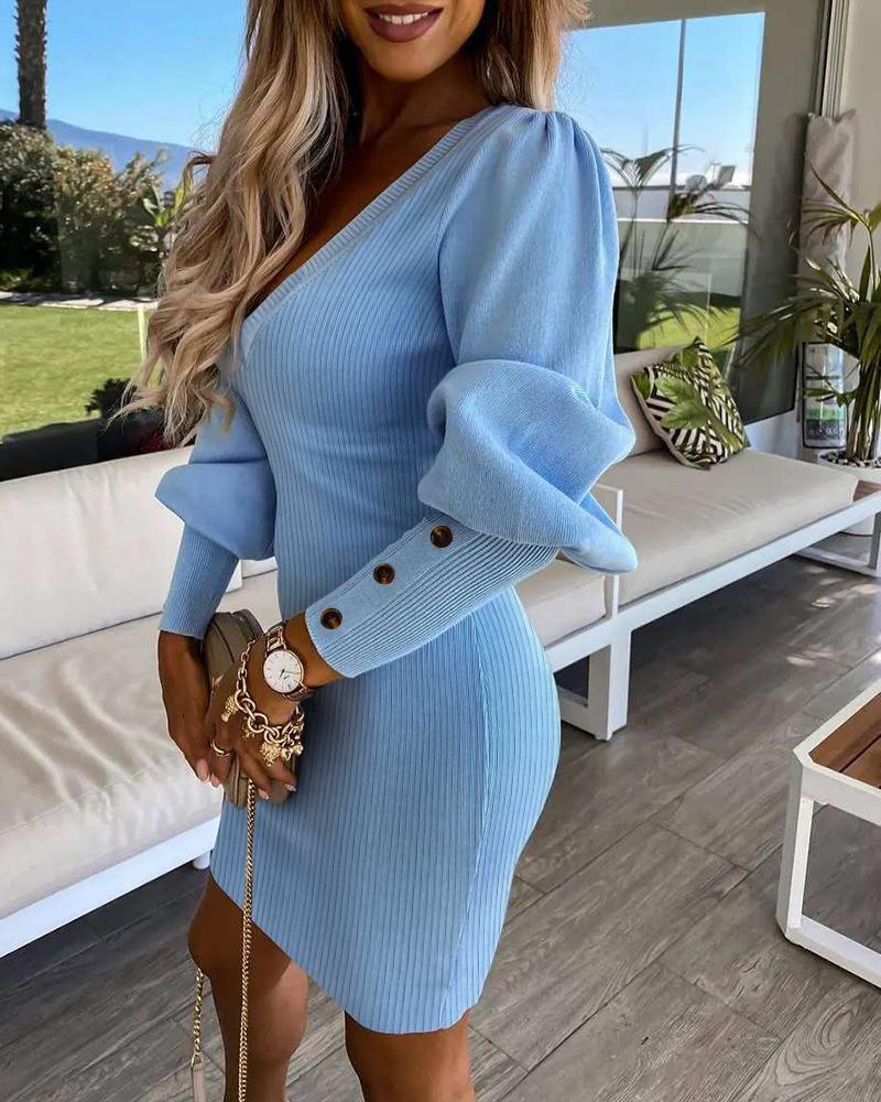 Puff Gigot Sleeve Buttoned Knit Bodycon Dress