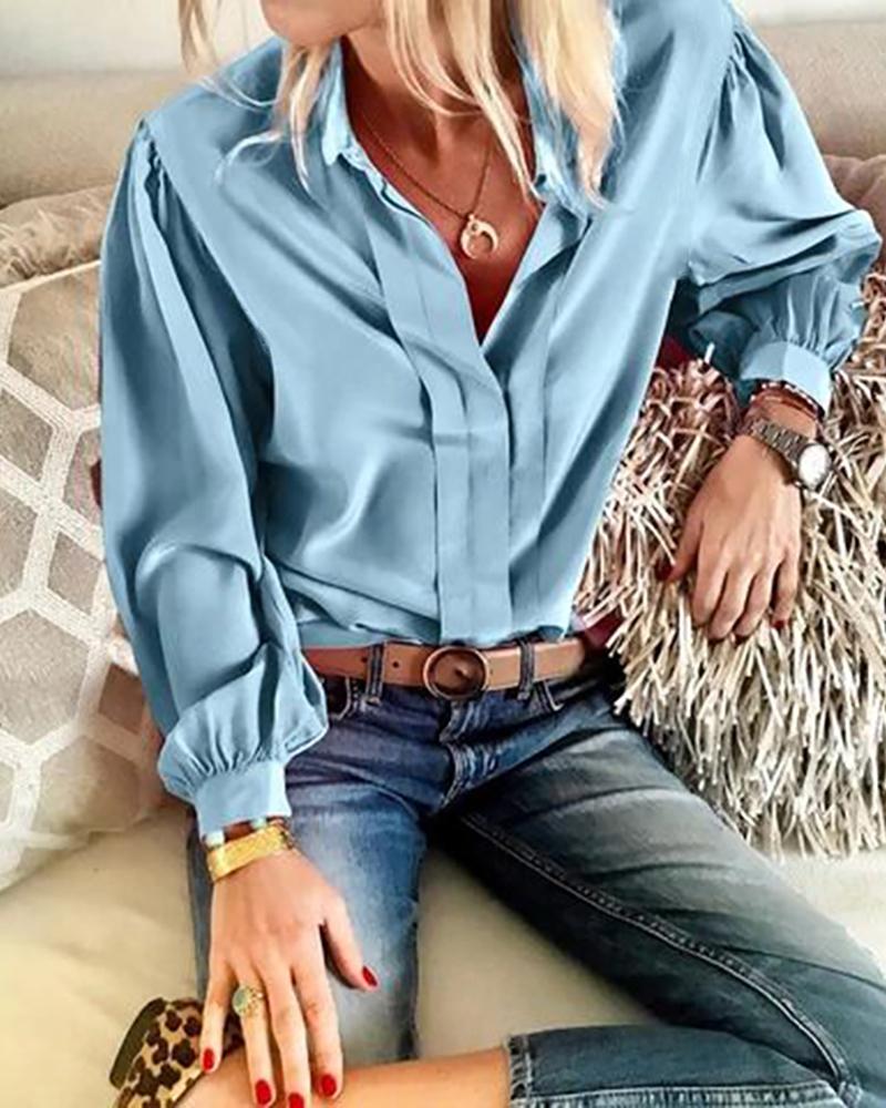 

Turn-down Collar Lantern Sleeve Ruched Shirt, Blue