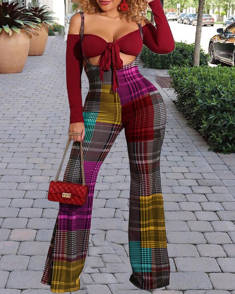

Off Shoulder Tie Front Women Top & Plaid Suspender Pants Set, Multicolor