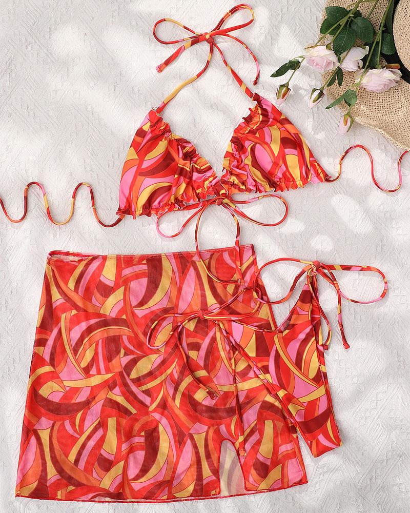 

3PCS All Over Print Tied Detail Bikini Set With Cover Up, Red