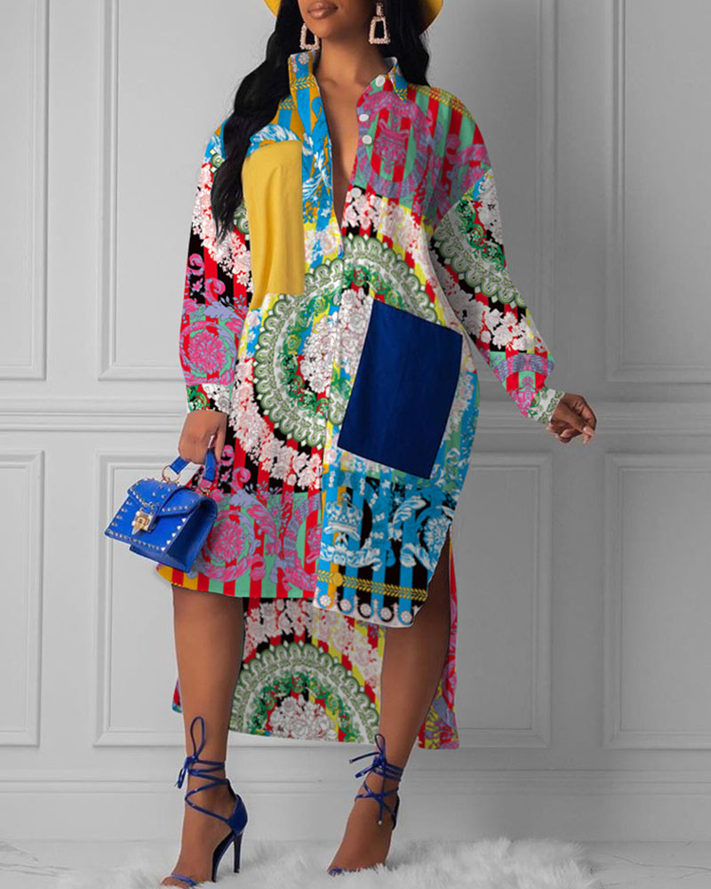 

Graphic / Tie Dye / Cheetah Print Dip Hem Buttoned Shirt Dress, Blue