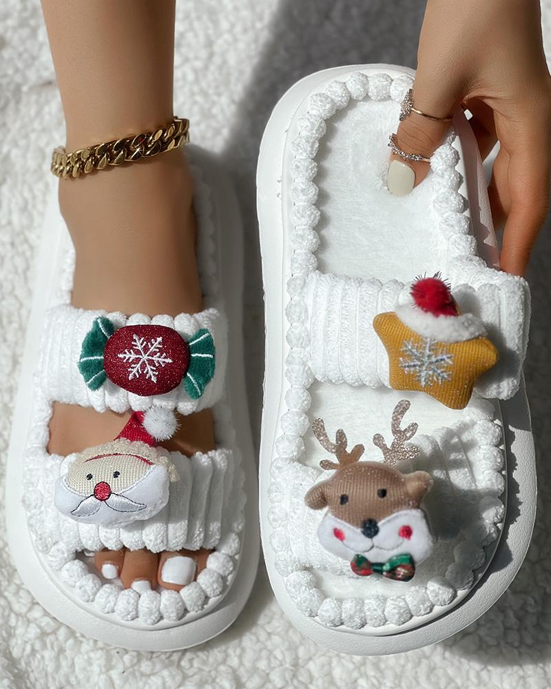 

Christmas Cartoon Elk Santa Claus Pattern Fuzzy Winter Slippers, White