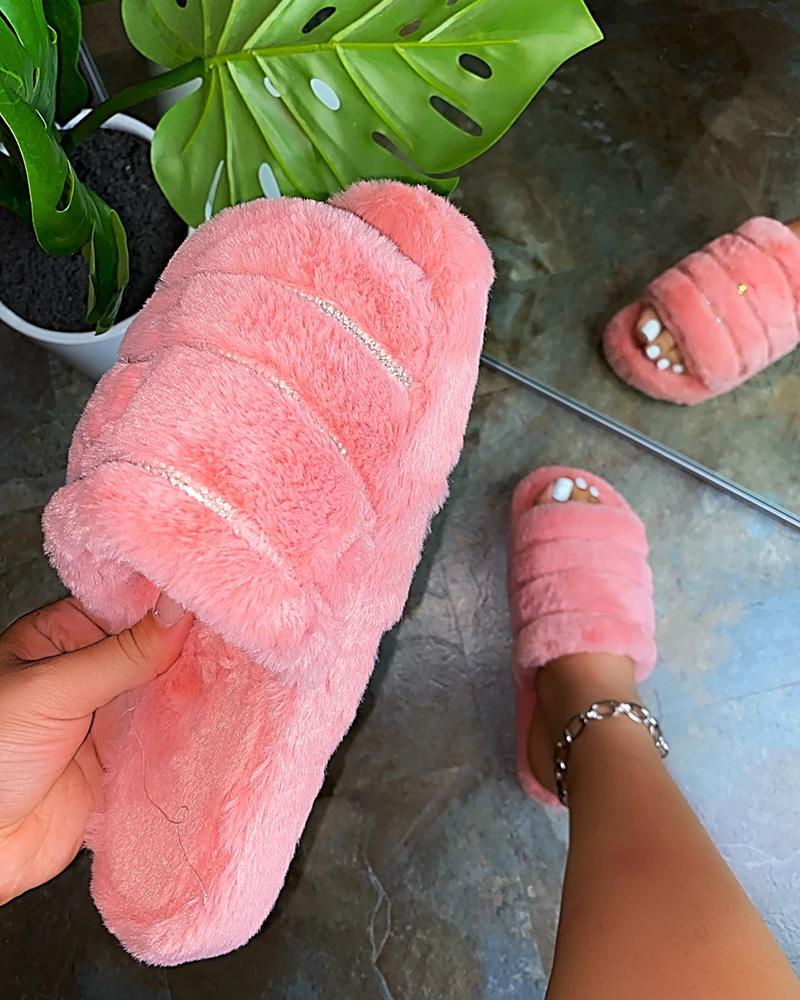 

Fur Upper Platform Flat Sandals, Pink