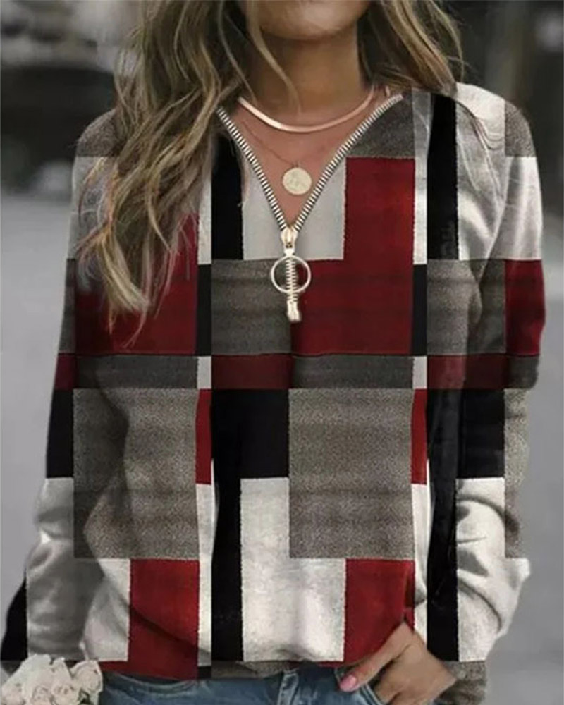 

Geometric Print Zip Front Long Sleeve Sweatshirt, Red