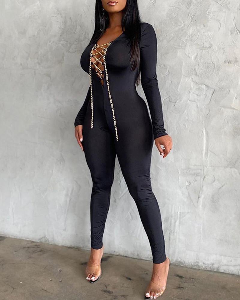 

Chain Lace-up Long Sleeve Jumpsuit, Black