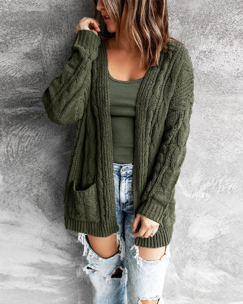 

Long Sleeve Cable Knit Open Front Cardigan, Green