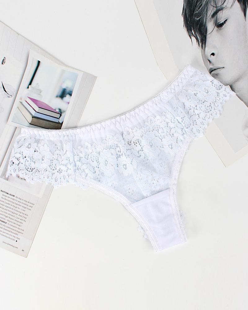 

See Through Floral Lace Thong Panty, White