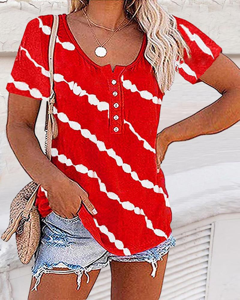 

Plus Size Tie Dye Print Button Detail Casual T-shirt, Red