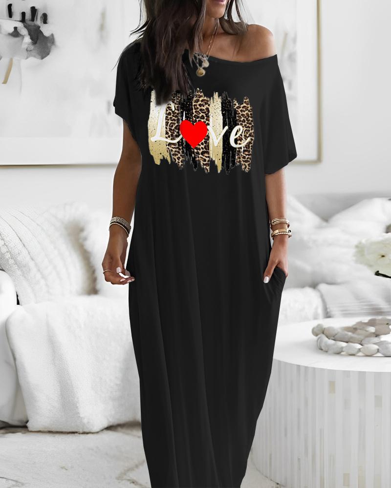 

Love Leopard Heart Print Round Neck Casual Dress, Black