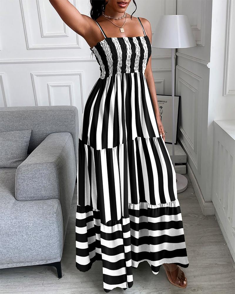 

Stripe Print Shirring Detail Ruched Casual Maxi Dress, Black