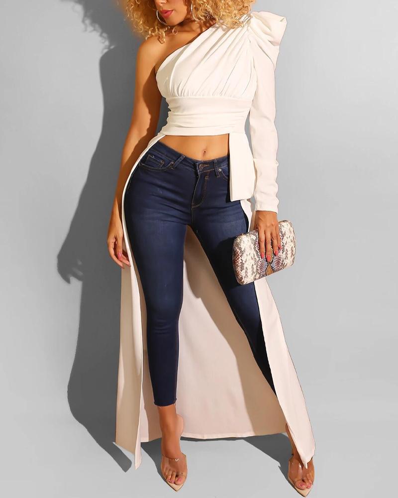 

One Shoulder Ruched Longline Top, White