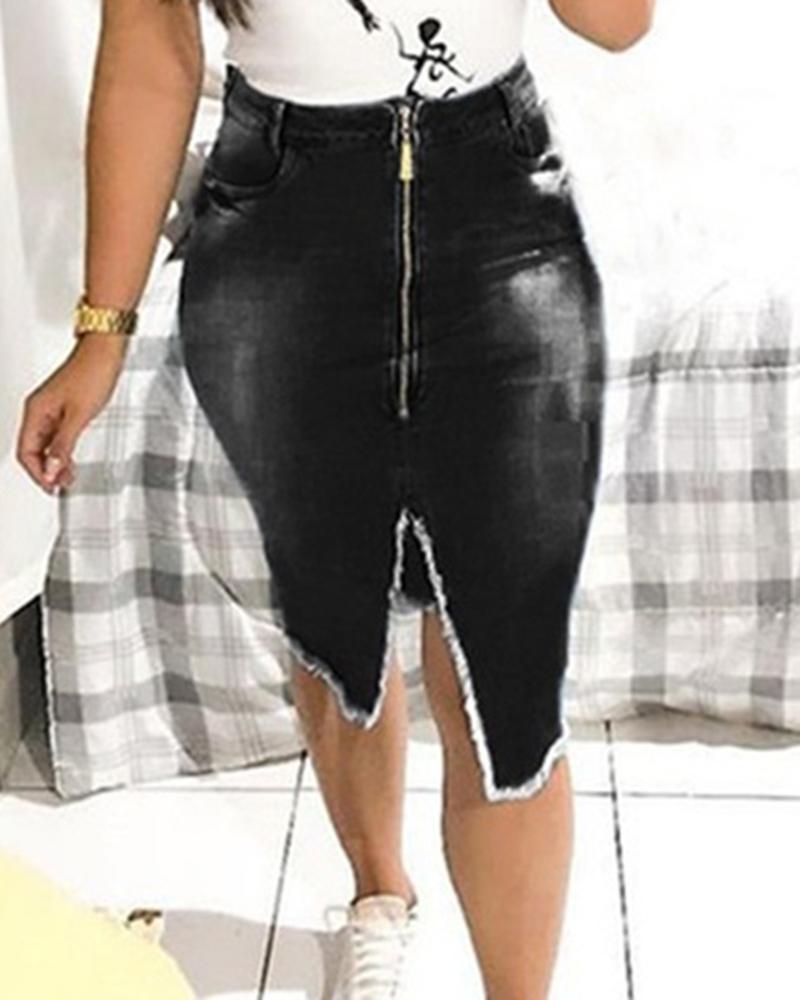 

Fringe Hem Zip Front Slit Denim Skirt, Black