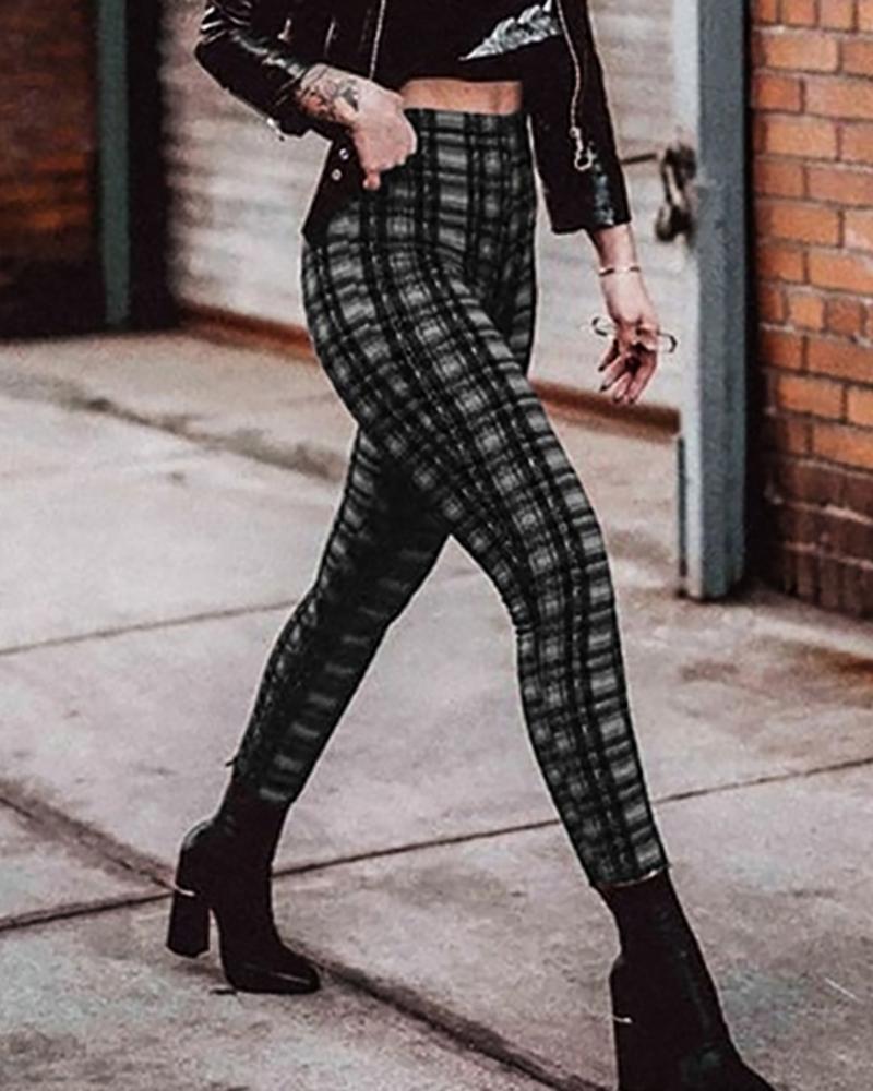 

High Waist Plaid Print Skinny Pants, Gray