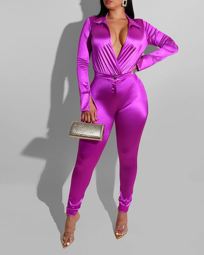 

Satin Long Sleeve Shirt & Buttoned Pants Sets, Purple