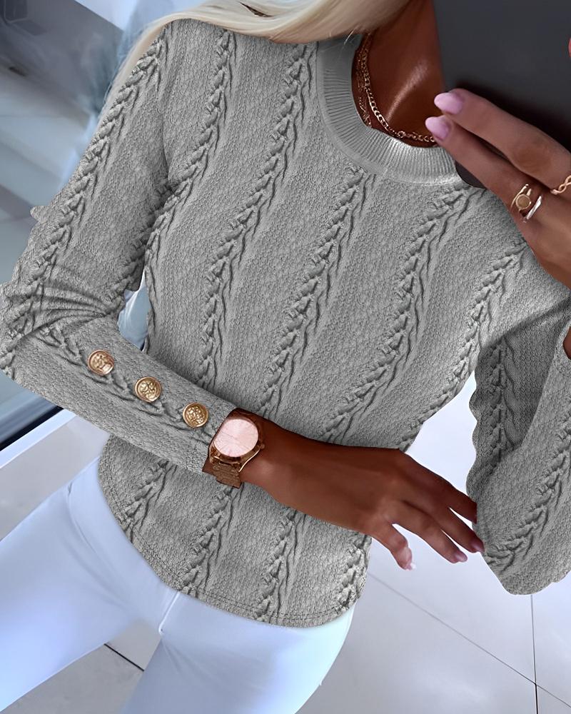 

O-Neck Buttoned Cable Textured Top, Gray