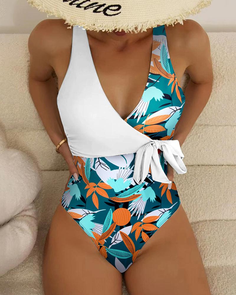 

Plants Print Tied Detail One-Piece Swimsuit, White