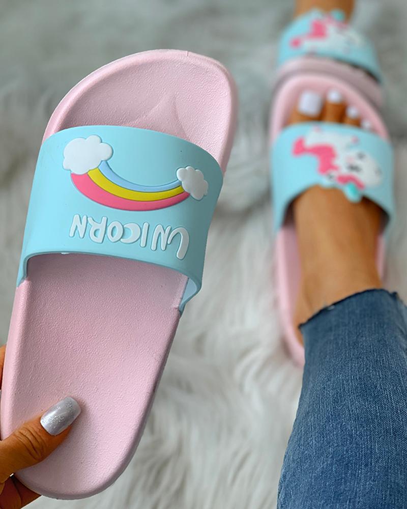 

Cartoon Rainbow Pattern Open Toe Flat Sandals, Blue