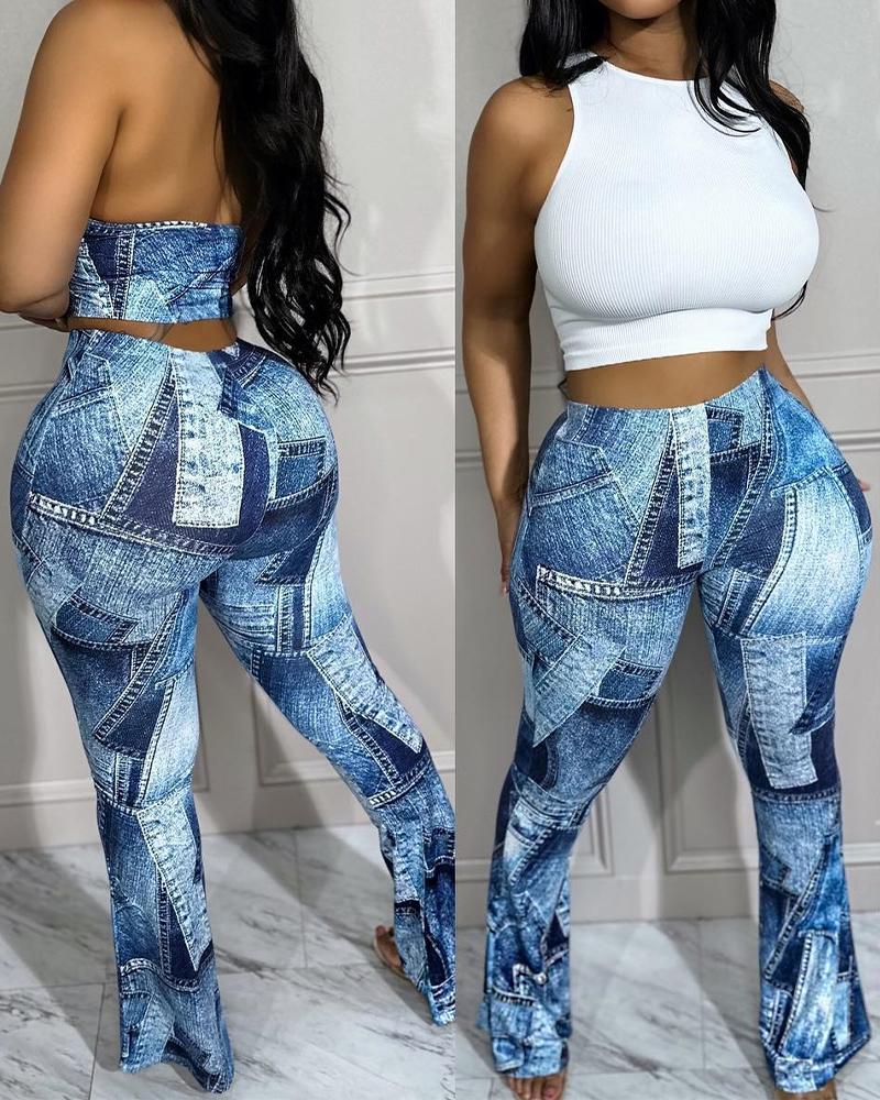 

Denim Look Print High Waist Pants, Blue