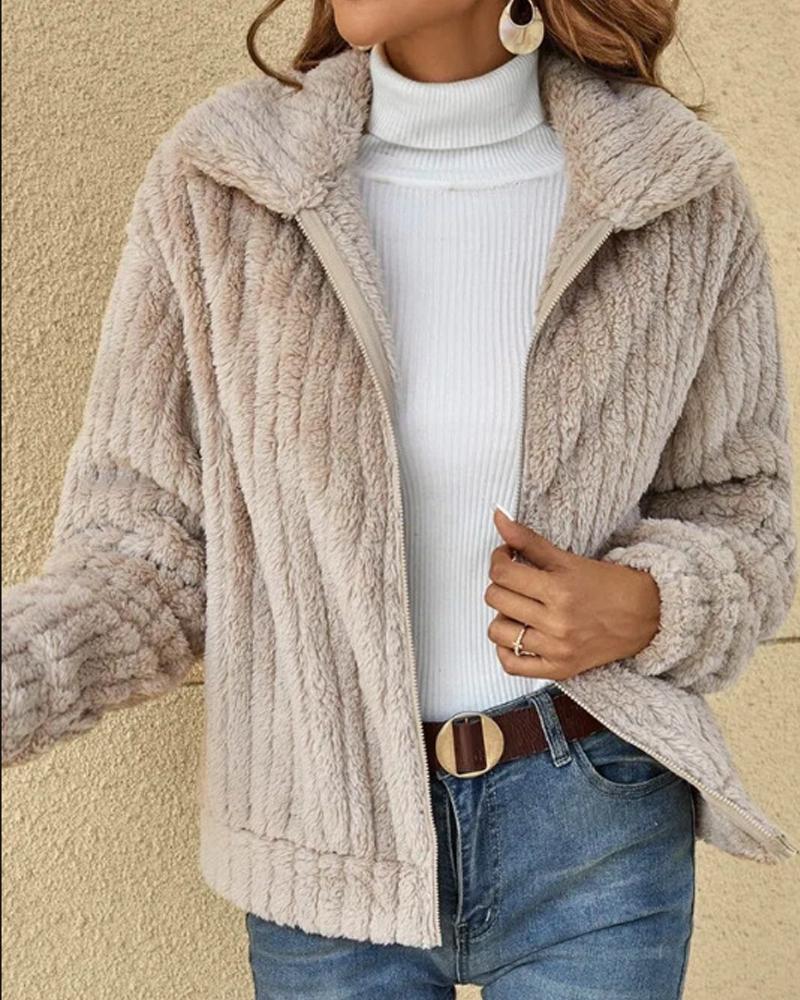 

Long Sleeve Zip Up Teddy Coat, Apricot