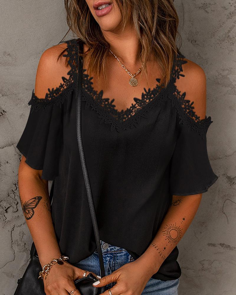

Contrast Lace Cold Shoulder Top, Black