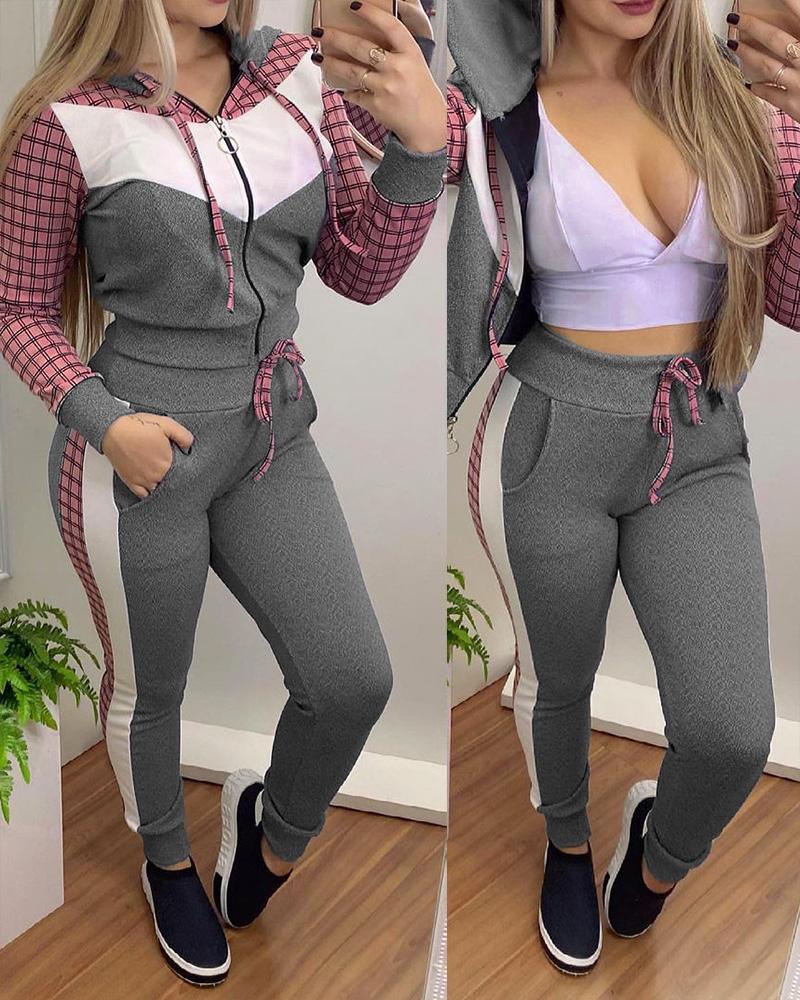 

Plaid Print Colorblock Hooded Top & Drawstring Pants Set, Gray