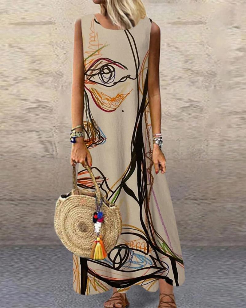 

Abstract Figure Print Casual Maxi Dress, Khaki